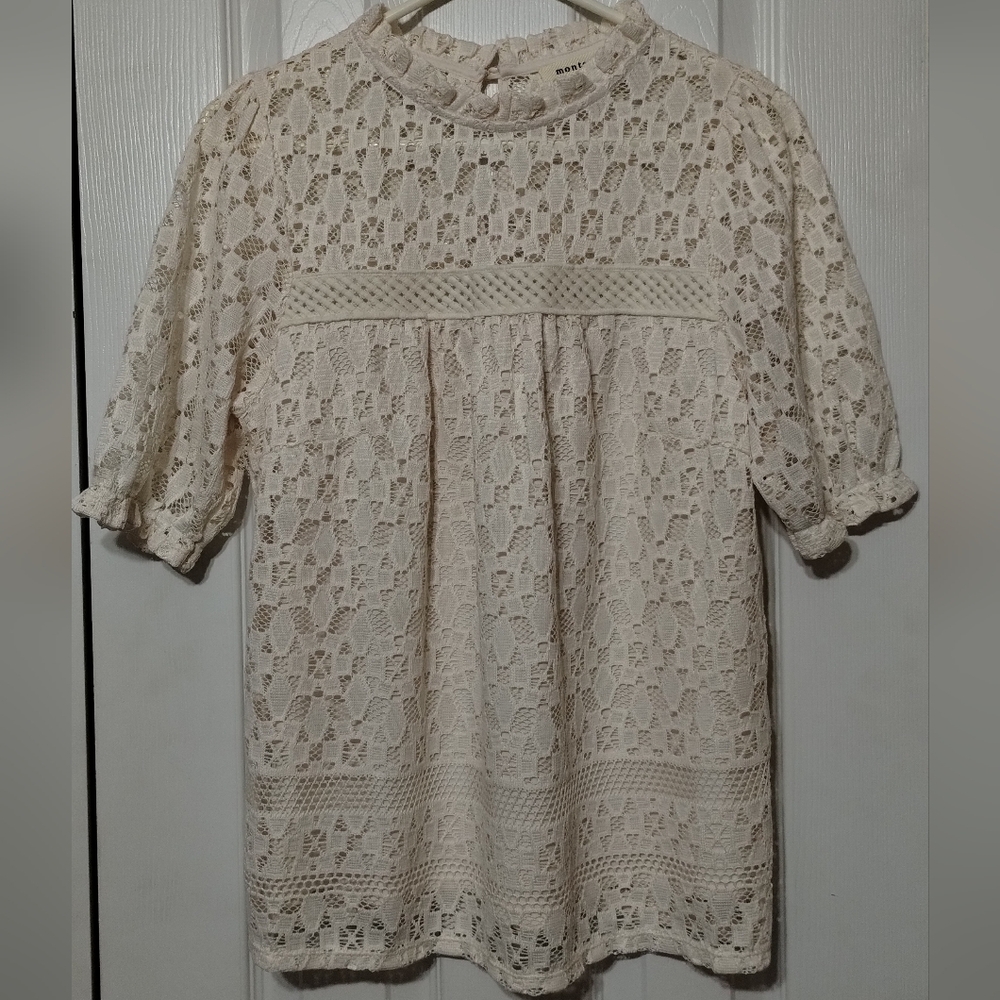 Monteau Women's Size M Ivory Lace Puff-Sleeve Blouse